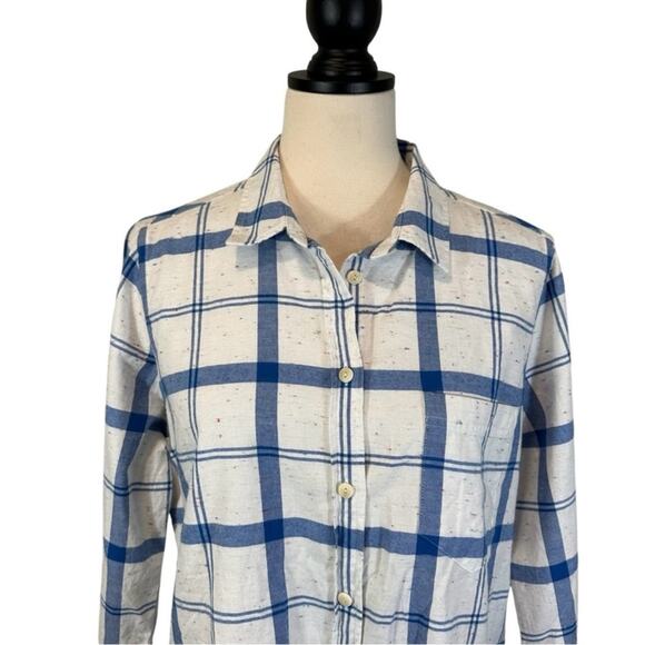J. Crew Boy Fit Button Up Shirt Blue White Plaid Flecked Size 12 Preppy Coastal - Picture 3 of 6